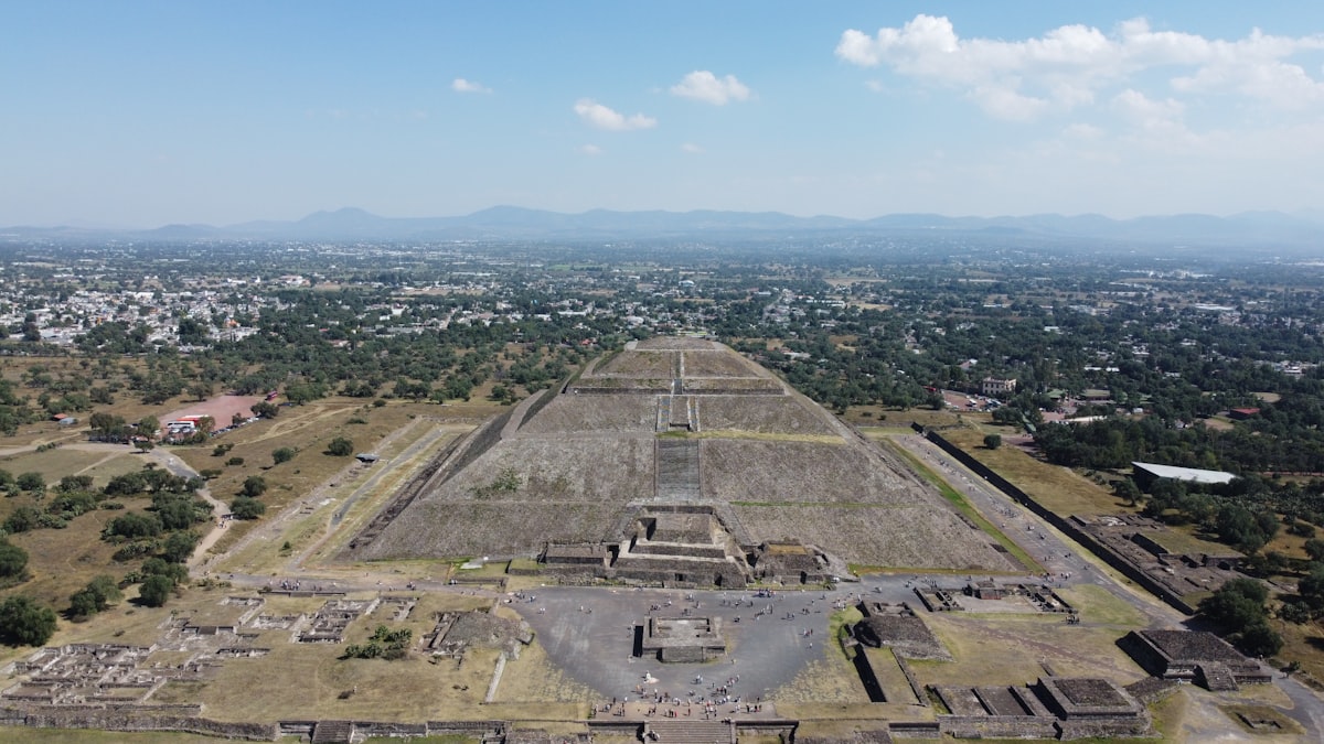 Aerial view Teotihuacan ancient Aztec pyramid Mexico