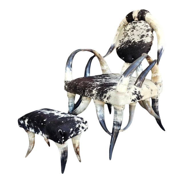 1970s Vintage Boho Sculptural Horn Chair & Ottoman