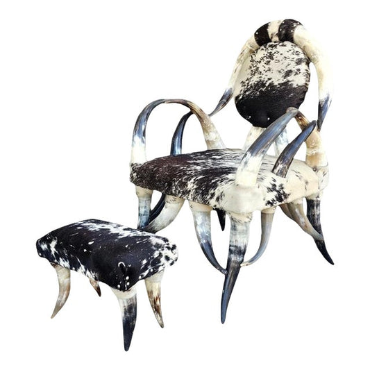 1970s Vintage Boho Sculptural Horn Chair & Ottoman
