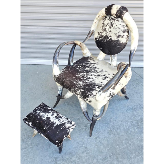 1970s Vintage Boho Sculptural Horn Chair & Ottoman