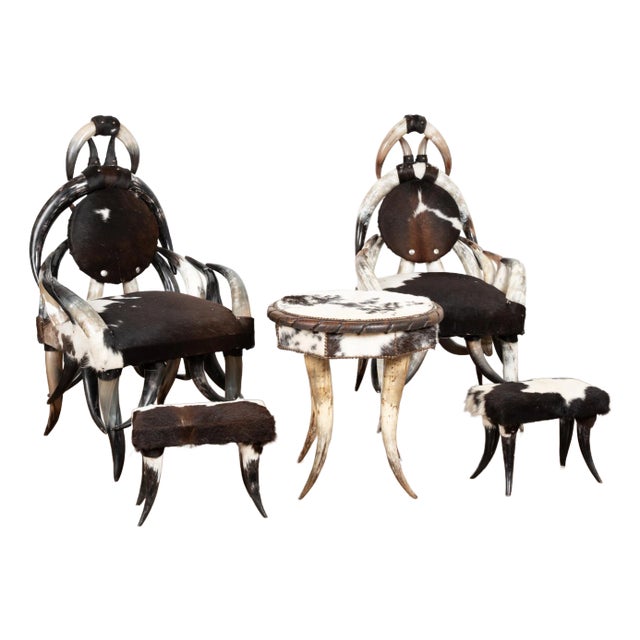 20th Century Set (5) of Horn and Hide Armchairs, Ottomans and Side Table